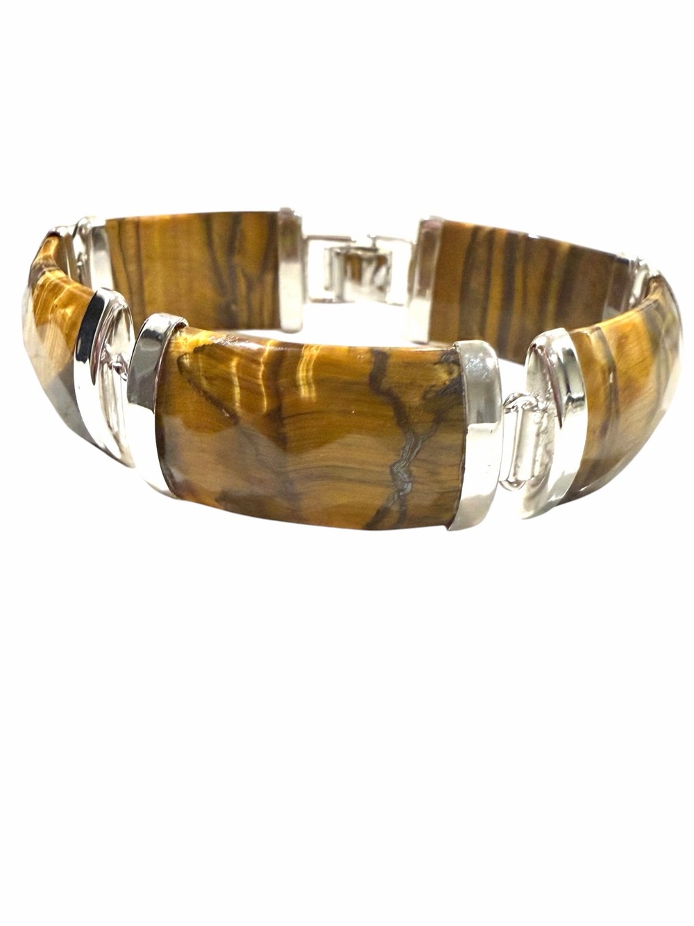 Vintage Whitney Kelly 925 Sterling Silver Tigers Eye 5 Panel Link Bracelet 7.5”